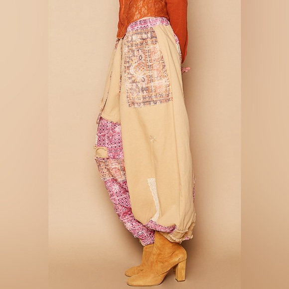 252B. Floral Print Patchwork Twill Jogger Pants - Camel - Picture 4 of 5